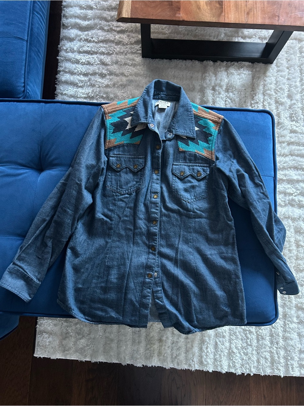 Women’s Denim Western Shirt with Turquoise & Brown Aztec Medium